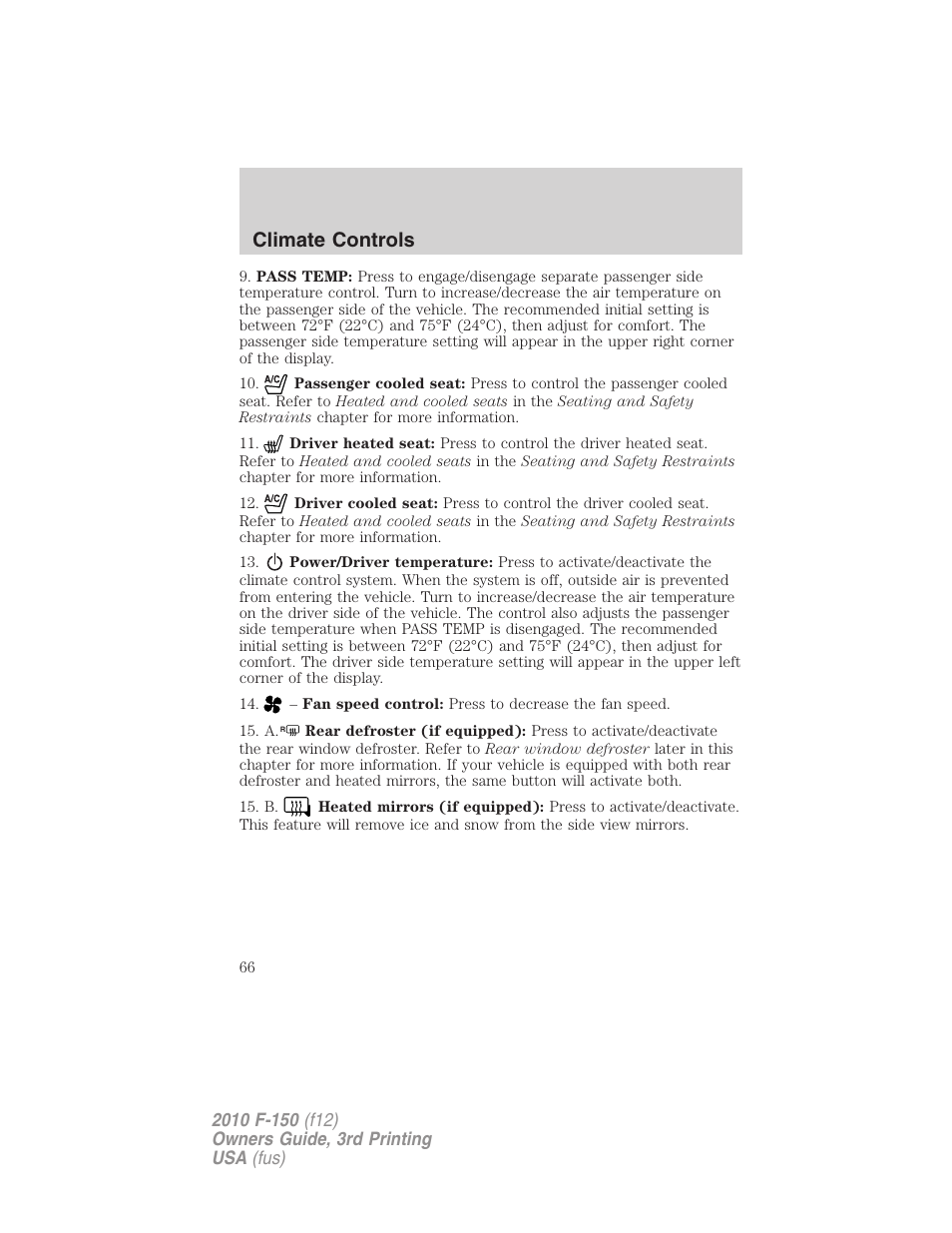 Climate controls | FORD 2010 F-150 v.3 User Manual | Page 66 / 419