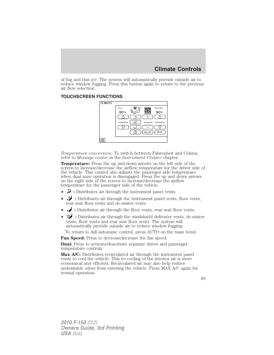 Touchscreen functions, Climate controls | FORD 2010 F-150 v.3 User Manual | Page 69 / 419