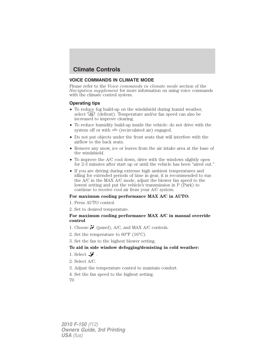Voice commands in climate mode, Operating tips, Climate controls | FORD 2010 F-150 v.3 User Manual | Page 70 / 419