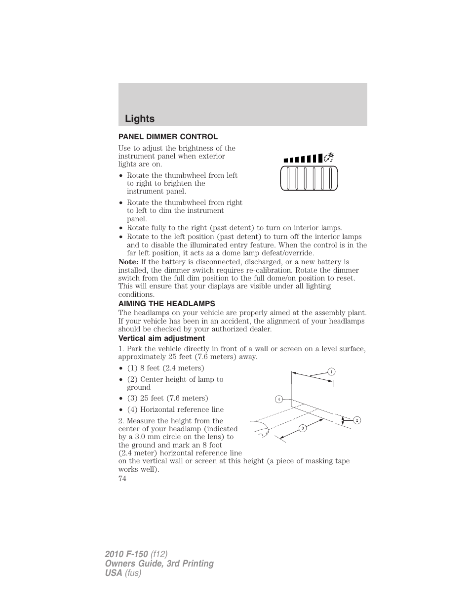 Panel dimmer control, Aiming the headlamps, Vertical aim adjustment | Lights | FORD 2010 F-150 v.3 User Manual | Page 74 / 419