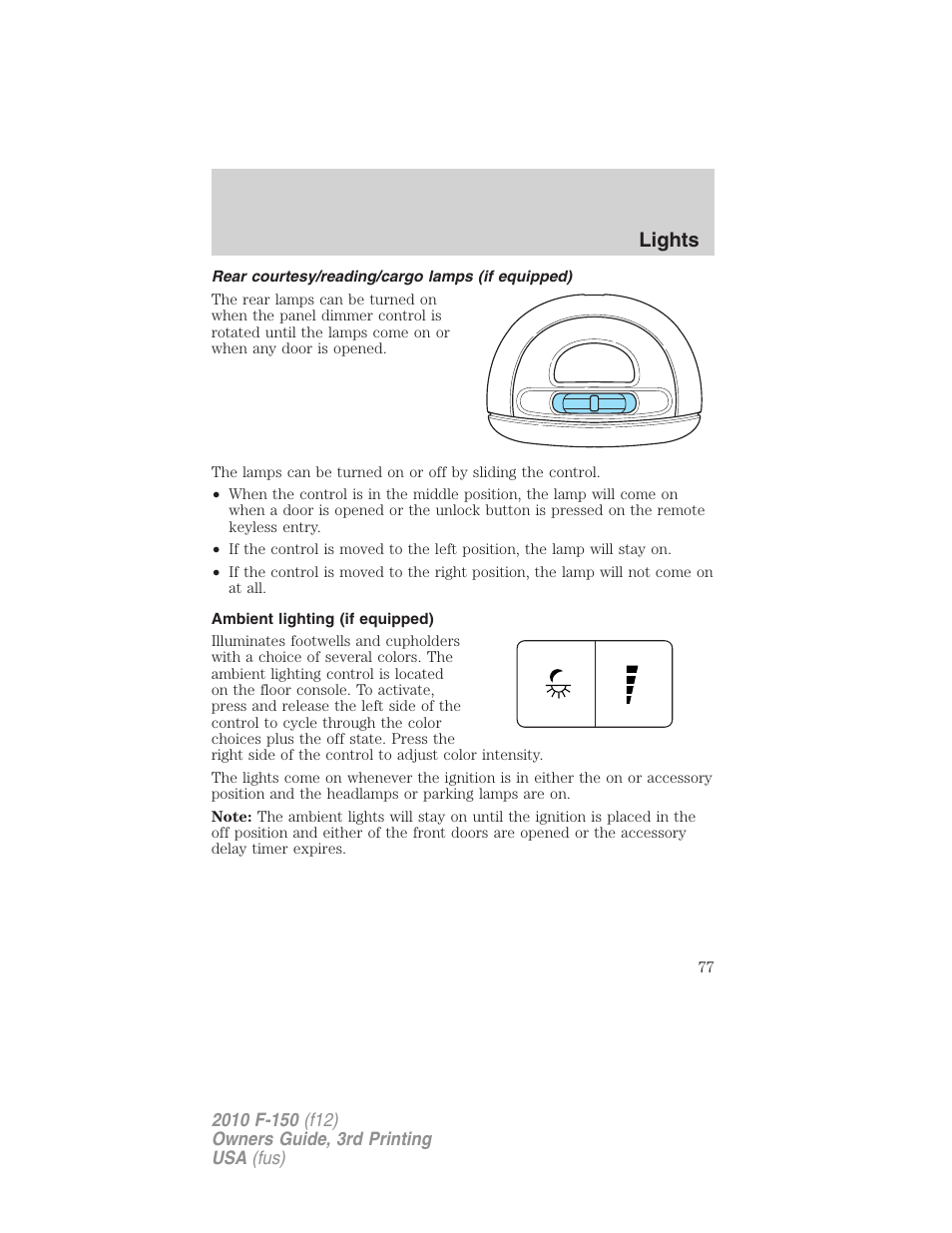 Rear courtesy/reading/cargo lamps (if equipped), Ambient lighting (if equipped), Lights | FORD 2010 F-150 v.3 User Manual | Page 77 / 419