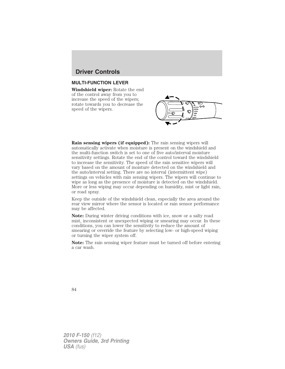Driver controls, Multi-function lever, Windshield wiper/washer control | FORD 2010 F-150 v.3 User Manual | Page 84 / 419