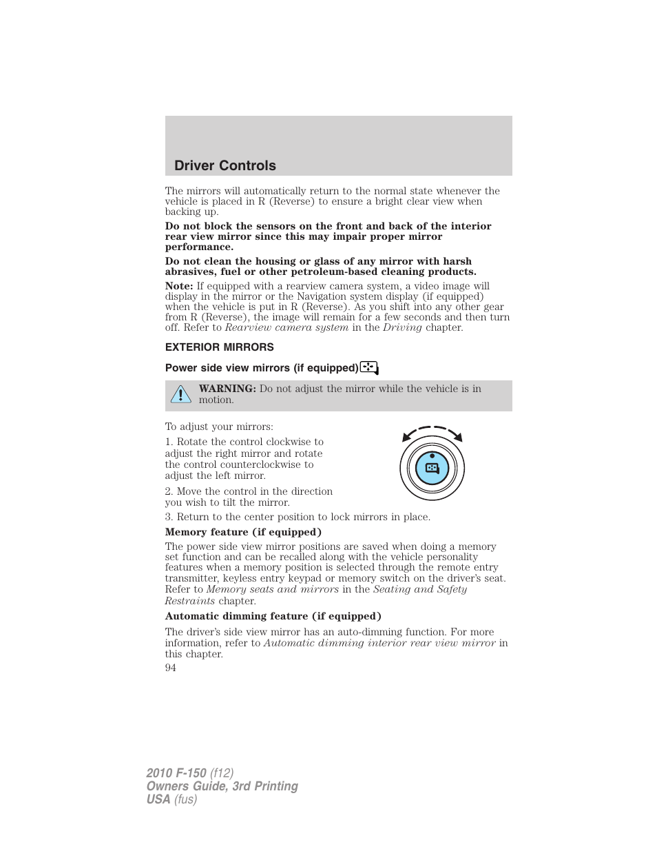 Exterior mirrors, Power side view mirrors (if equipped), Driver controls | FORD 2010 F-150 v.3 User Manual | Page 94 / 419