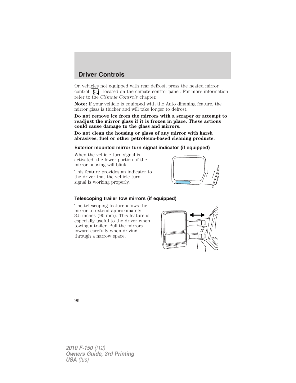 Telescoping trailer tow mirrors (if equipped), Driver controls | FORD 2010 F-150 v.3 User Manual | Page 96 / 419