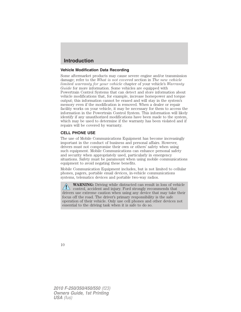 Vehicle modification data recording, Cell phone use, Introduction | FORD 2010 F-550 v.1 User Manual | Page 10 / 407