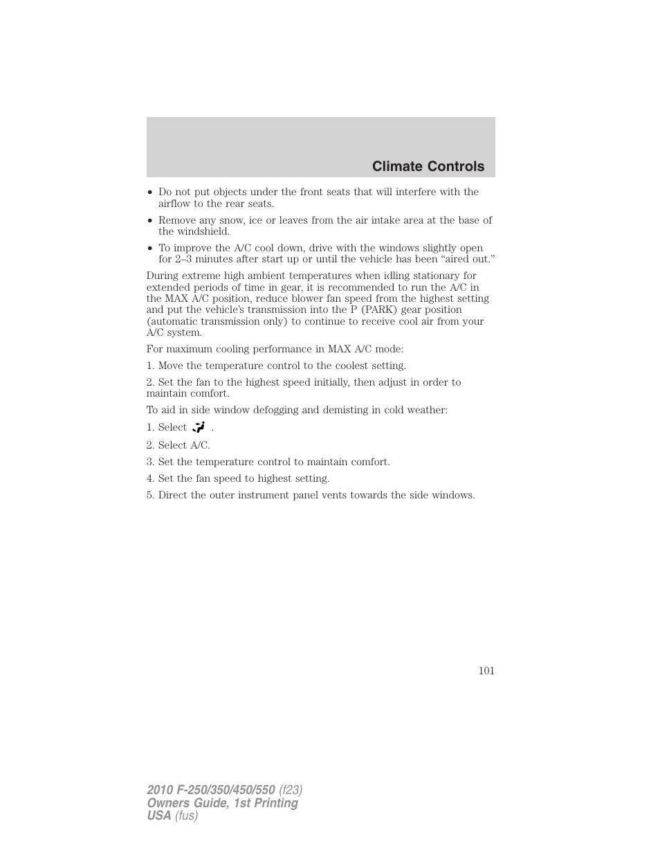 Climate controls | FORD 2010 F-550 v.1 User Manual | Page 101 / 407