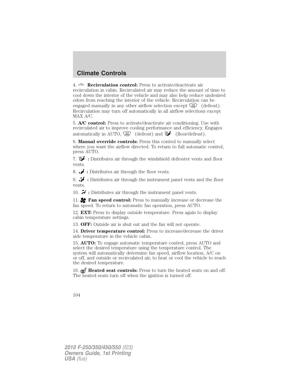 Climate controls | FORD 2010 F-550 v.1 User Manual | Page 104 / 407