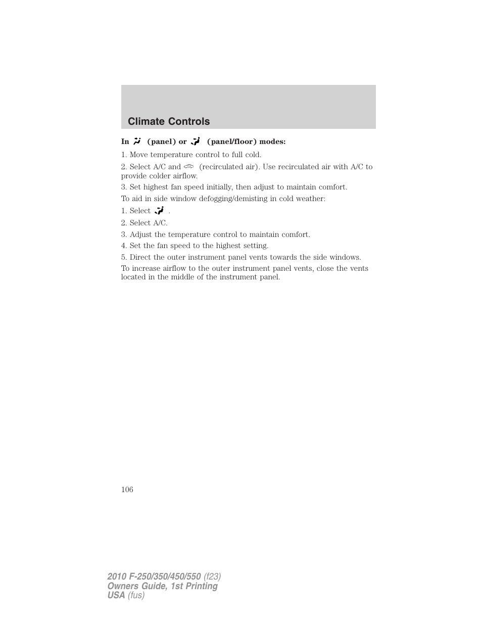 Climate controls | FORD 2010 F-550 v.1 User Manual | Page 106 / 407