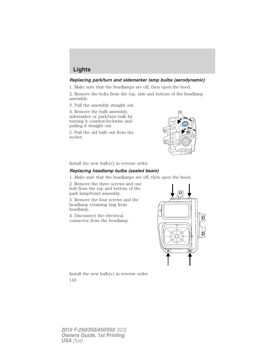 Replacing headlamp bulbs (sealed beam), Lights | FORD 2010 F-550 v.1 User Manual | Page 116 / 407
