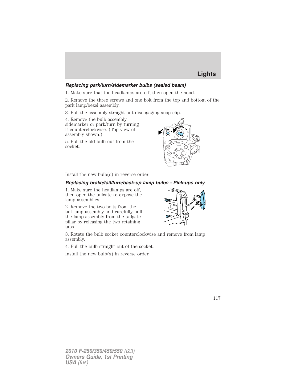 Replacing park/turn/sidemarker bulbs (sealed beam), Lights | FORD 2010 F-550 v.1 User Manual | Page 117 / 407