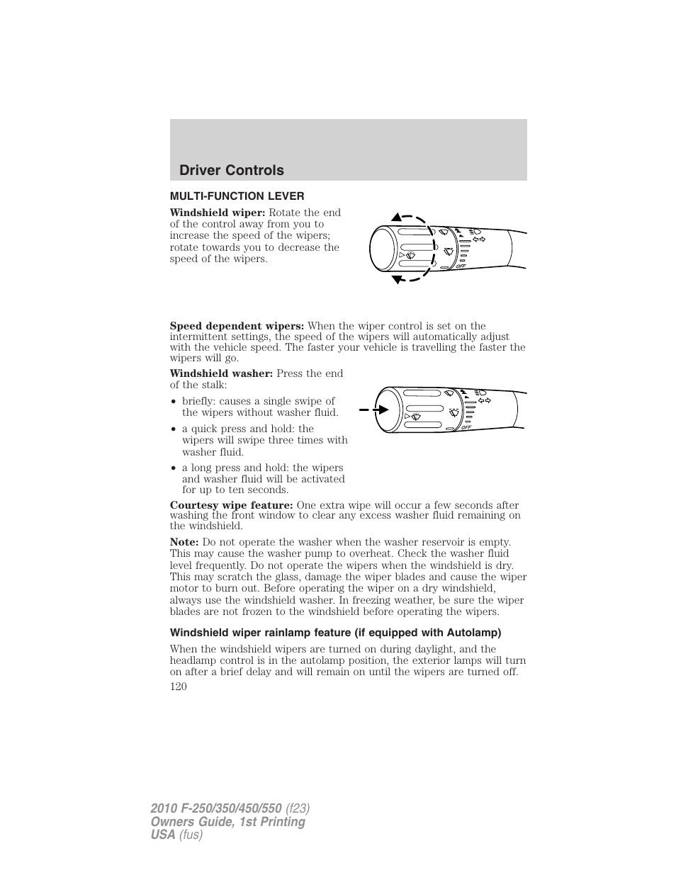 Driver controls, Multi-function lever, Windshield wiper/washer control | FORD 2010 F-550 v.1 User Manual | Page 120 / 407