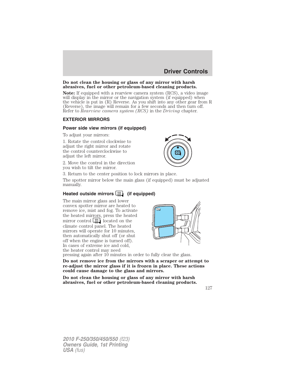 Exterior mirrors, Power side view mirrors (if equipped), Heated outside mirrors (if equipped) | Driver controls | FORD 2010 F-550 v.1 User Manual | Page 127 / 407