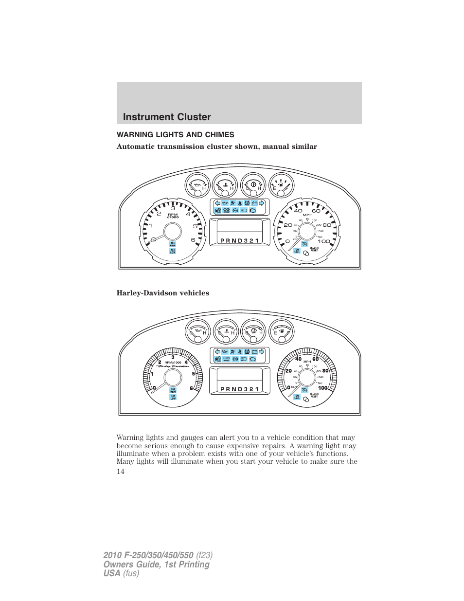 Instrument cluster, Warning lights and chimes | FORD 2010 F-550 v.1 User Manual | Page 14 / 407