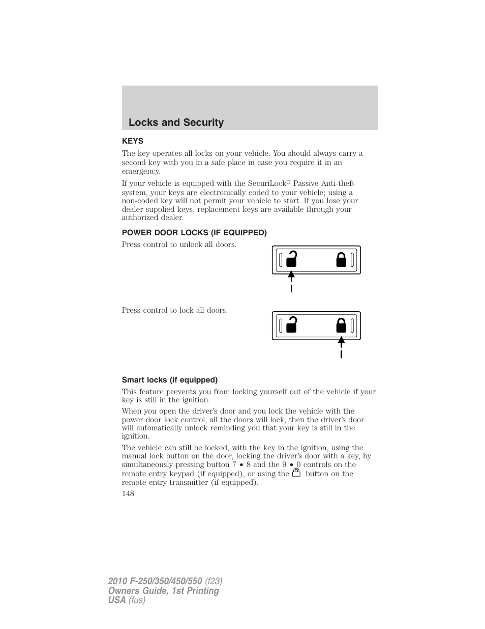 Locks and security, Keys, Power door locks (if equipped) | Smart locks (if equipped), Locks | FORD 2010 F-550 v.1 User Manual | Page 148 / 407
