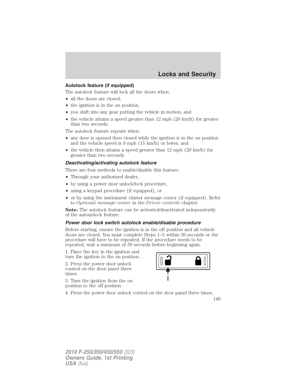 Autolock feature (if equipped), Deactivating/activating autolock feature, Locks and security | FORD 2010 F-550 v.1 User Manual | Page 149 / 407