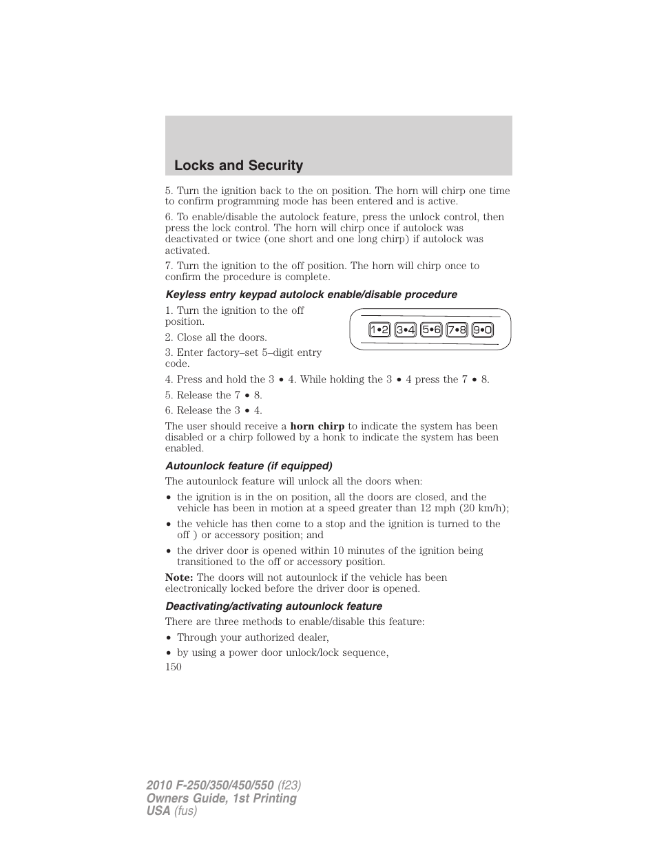 Autounlock feature (if equipped), Deactivating/activating autounlock feature, Locks and security | FORD 2010 F-550 v.1 User Manual | Page 150 / 407