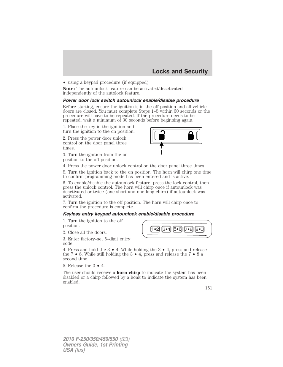 Locks and security | FORD 2010 F-550 v.1 User Manual | Page 151 / 407