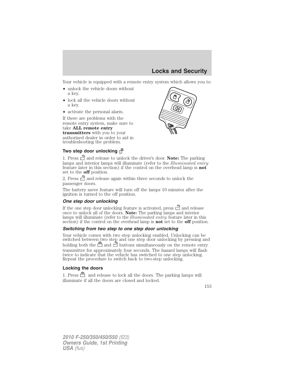 Two step door unlocking, One step door unlocking, Switching from two step to one step door unlocking | Locking the doors, Locks and security | FORD 2010 F-550 v.1 User Manual | Page 153 / 407