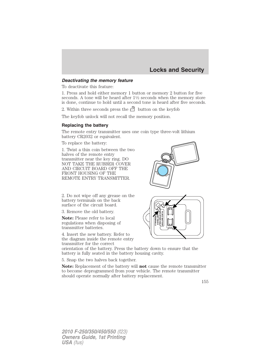 Deactivating the memory feature, Replacing the battery, Locks and security | FORD 2010 F-550 v.1 User Manual | Page 155 / 407