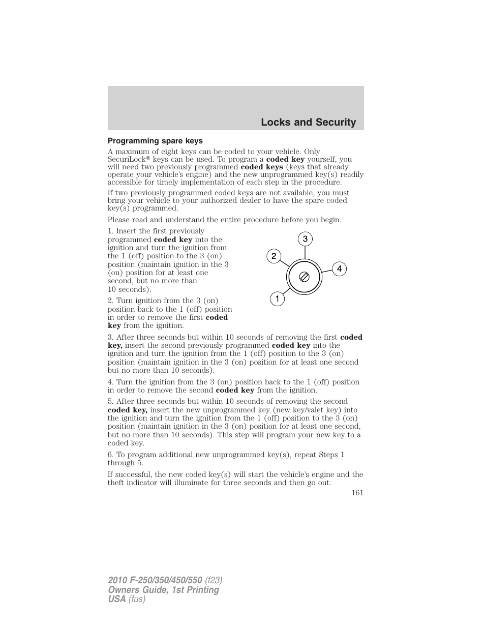 Programming spare keys, Locks and security | FORD 2010 F-550 v.1 User Manual | Page 161 / 407