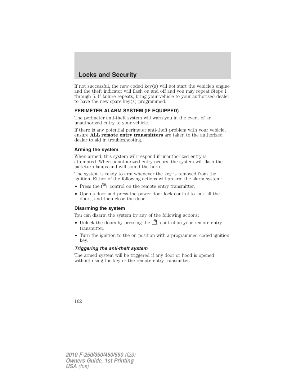 Perimeter alarm system (if equipped), Arming the system, Disarming the system | Triggering the anti-theft system, Locks and security | FORD 2010 F-550 v.1 User Manual | Page 162 / 407