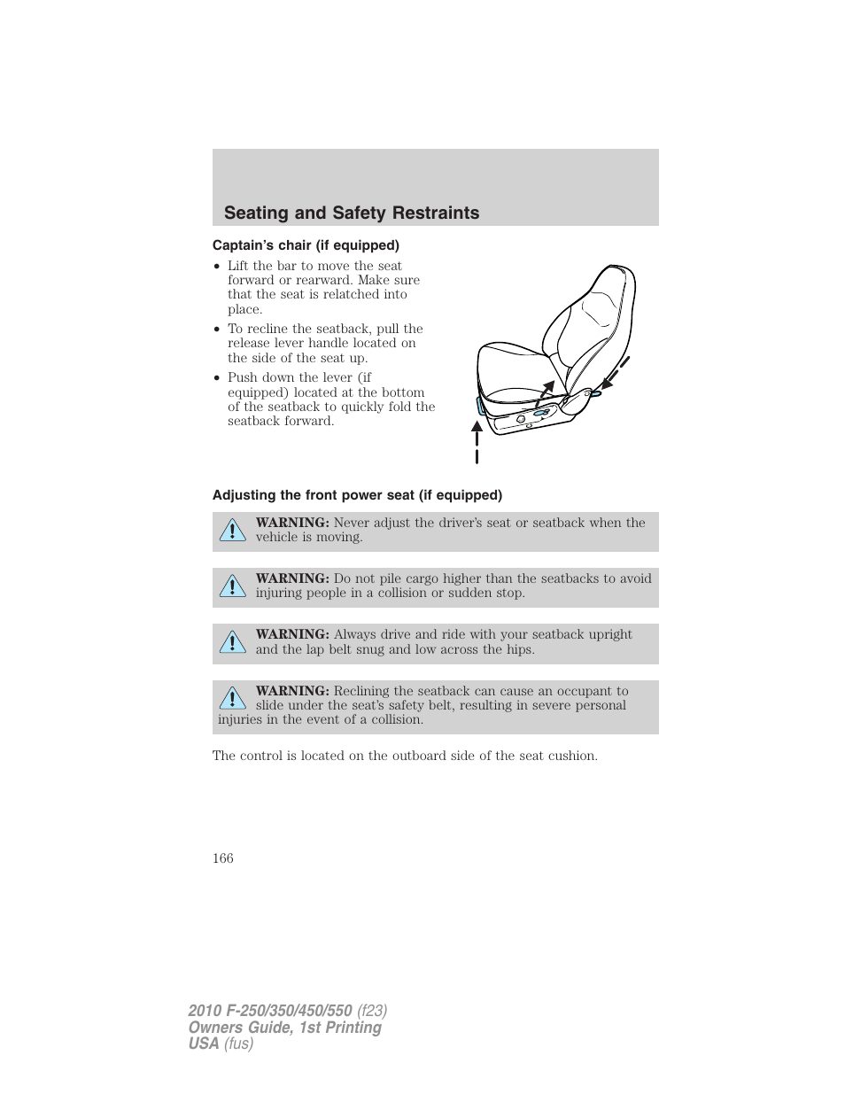 Captain’s chair (if equipped), Adjusting the front power seat (if equipped), Seating and safety restraints | FORD 2010 F-550 v.1 User Manual | Page 166 / 407