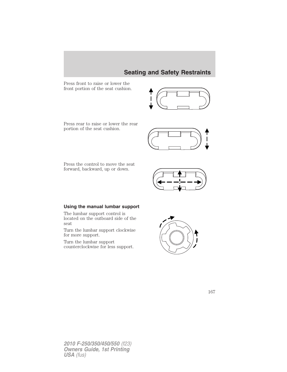 Using the manual lumbar support, Seating and safety restraints | FORD 2010 F-550 v.1 User Manual | Page 167 / 407