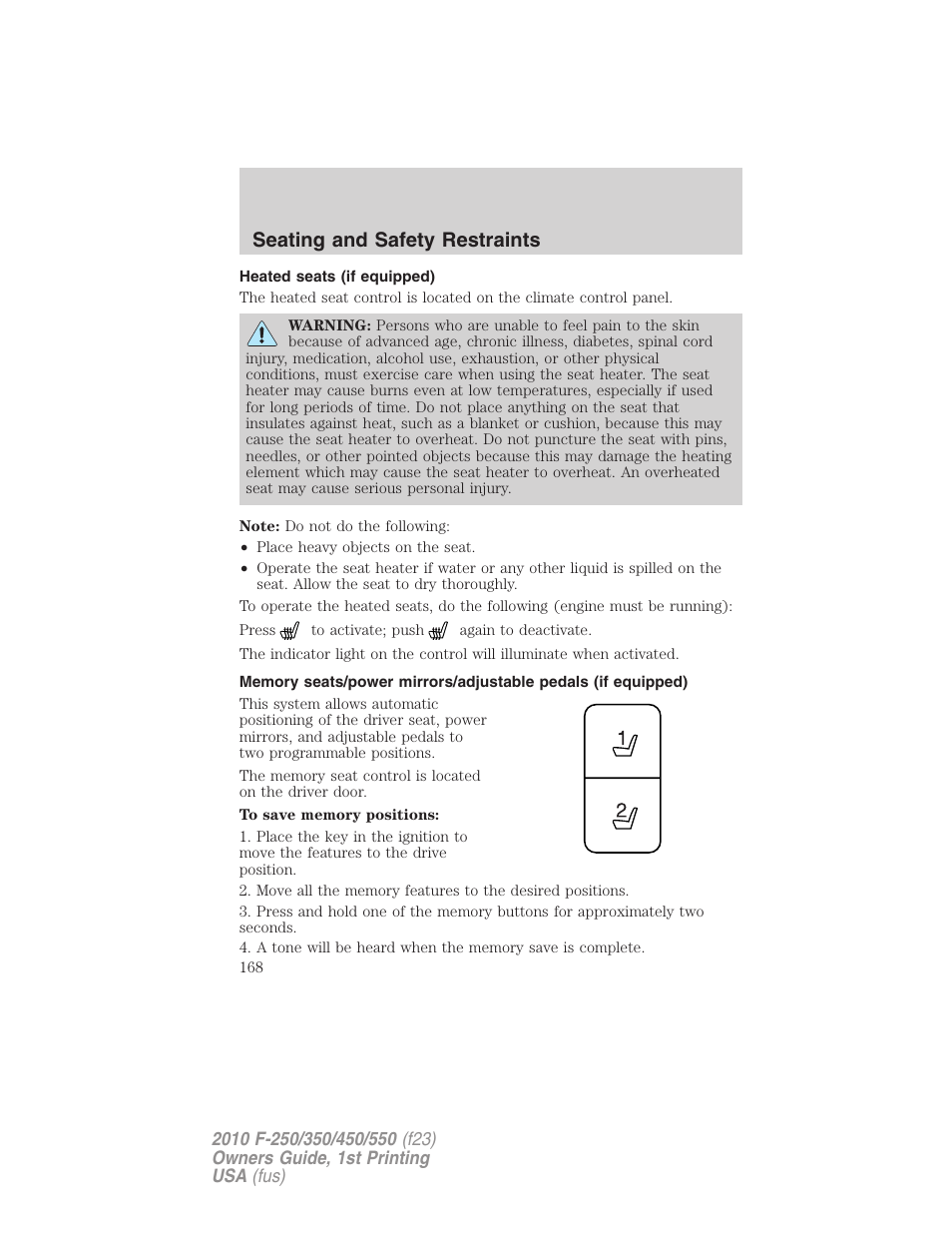 Heated seats (if equipped), Seating and safety restraints | FORD 2010 F-550 v.1 User Manual | Page 168 / 407