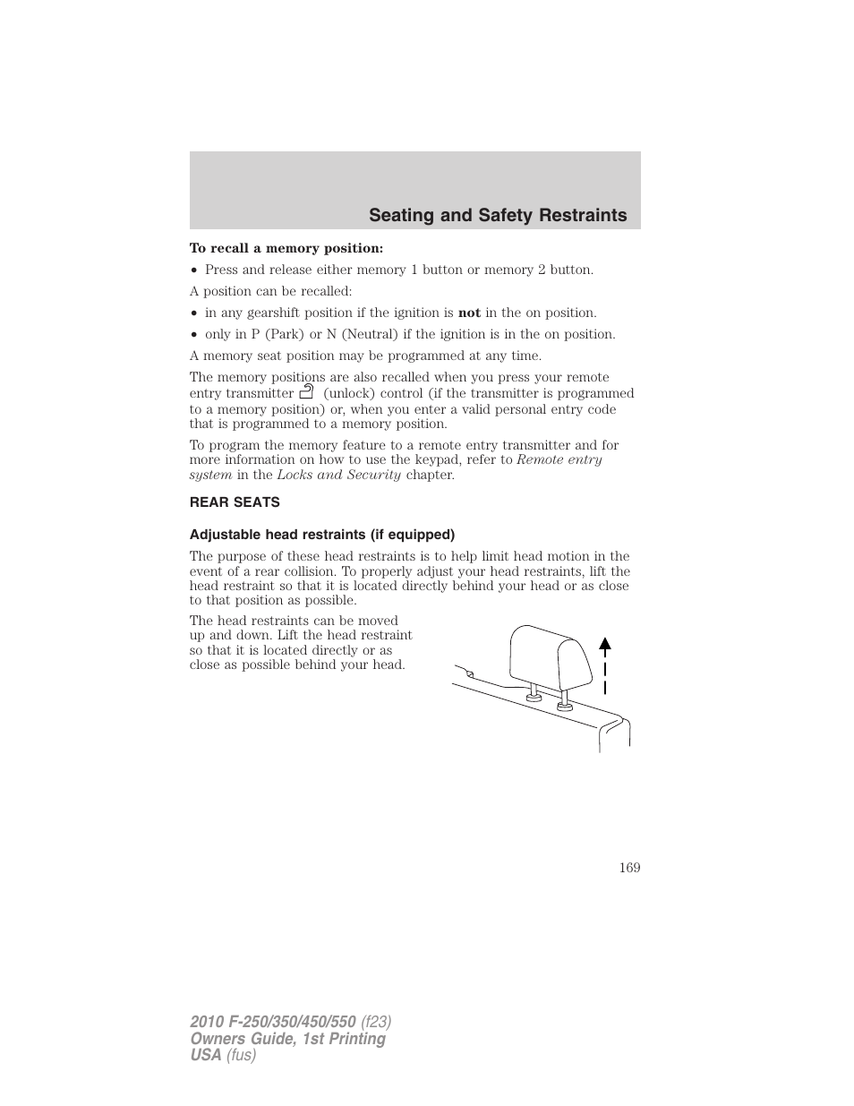 Rear seats, Adjustable head restraints (if equipped), Seating and safety restraints | FORD 2010 F-550 v.1 User Manual | Page 169 / 407