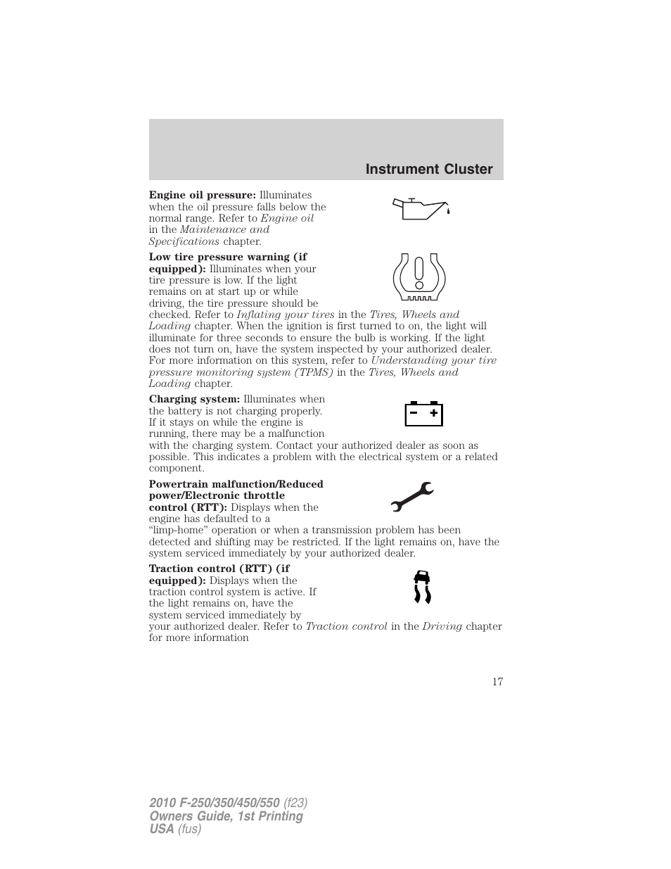 Instrument cluster | FORD 2010 F-550 v.1 User Manual | Page 17 / 407