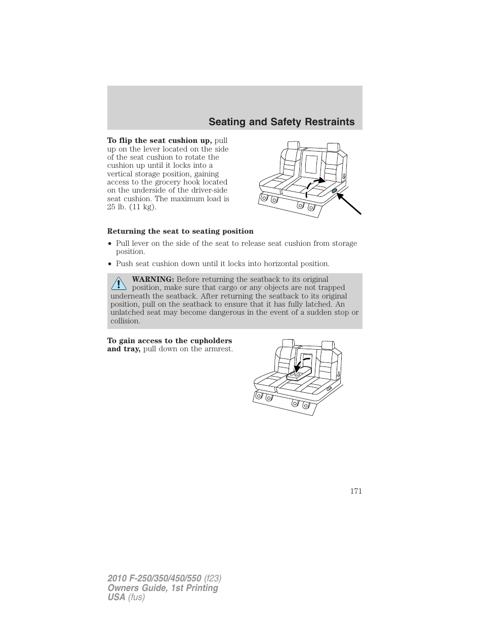 Seating and safety restraints | FORD 2010 F-550 v.1 User Manual | Page 171 / 407