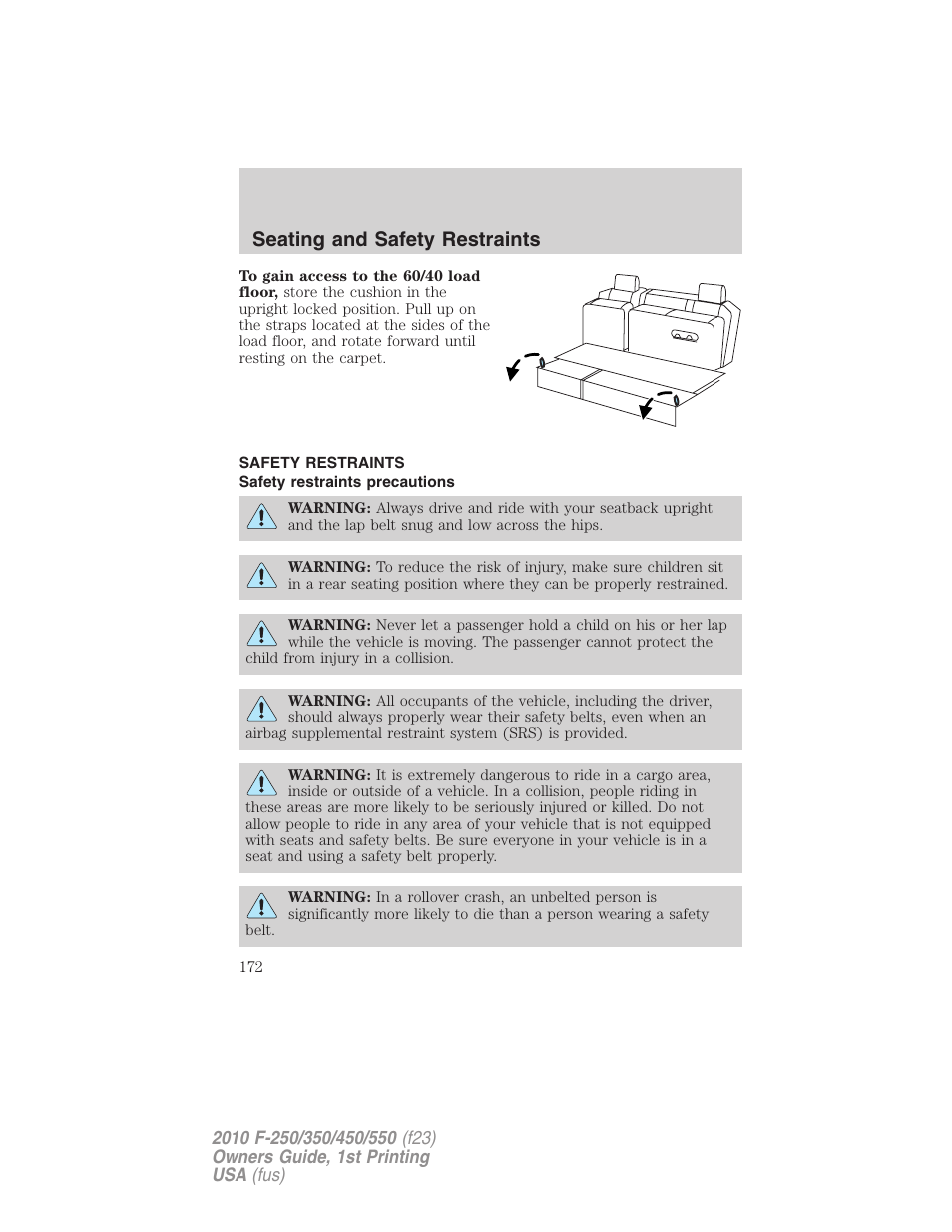 Safety restraints, Safety restraints precautions, Seating and safety restraints | FORD 2010 F-550 v.1 User Manual | Page 172 / 407