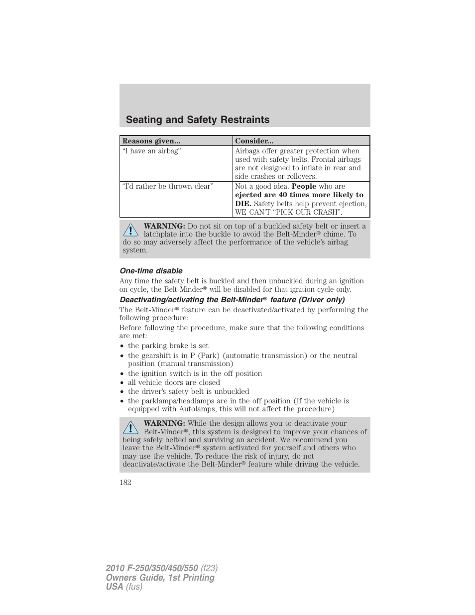 One-time disable, Seating and safety restraints | FORD 2010 F-550 v.1 User Manual | Page 182 / 407