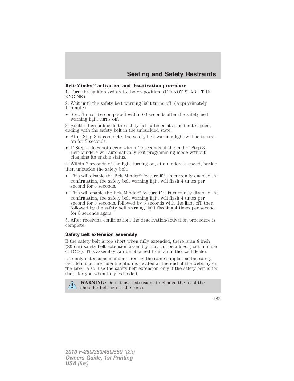 Safety belt extension assembly, Seating and safety restraints | FORD 2010 F-550 v.1 User Manual | Page 183 / 407