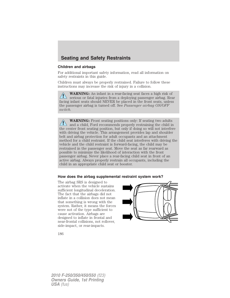 Children and airbags, Seating and safety restraints | FORD 2010 F-550 v.1 User Manual | Page 186 / 407