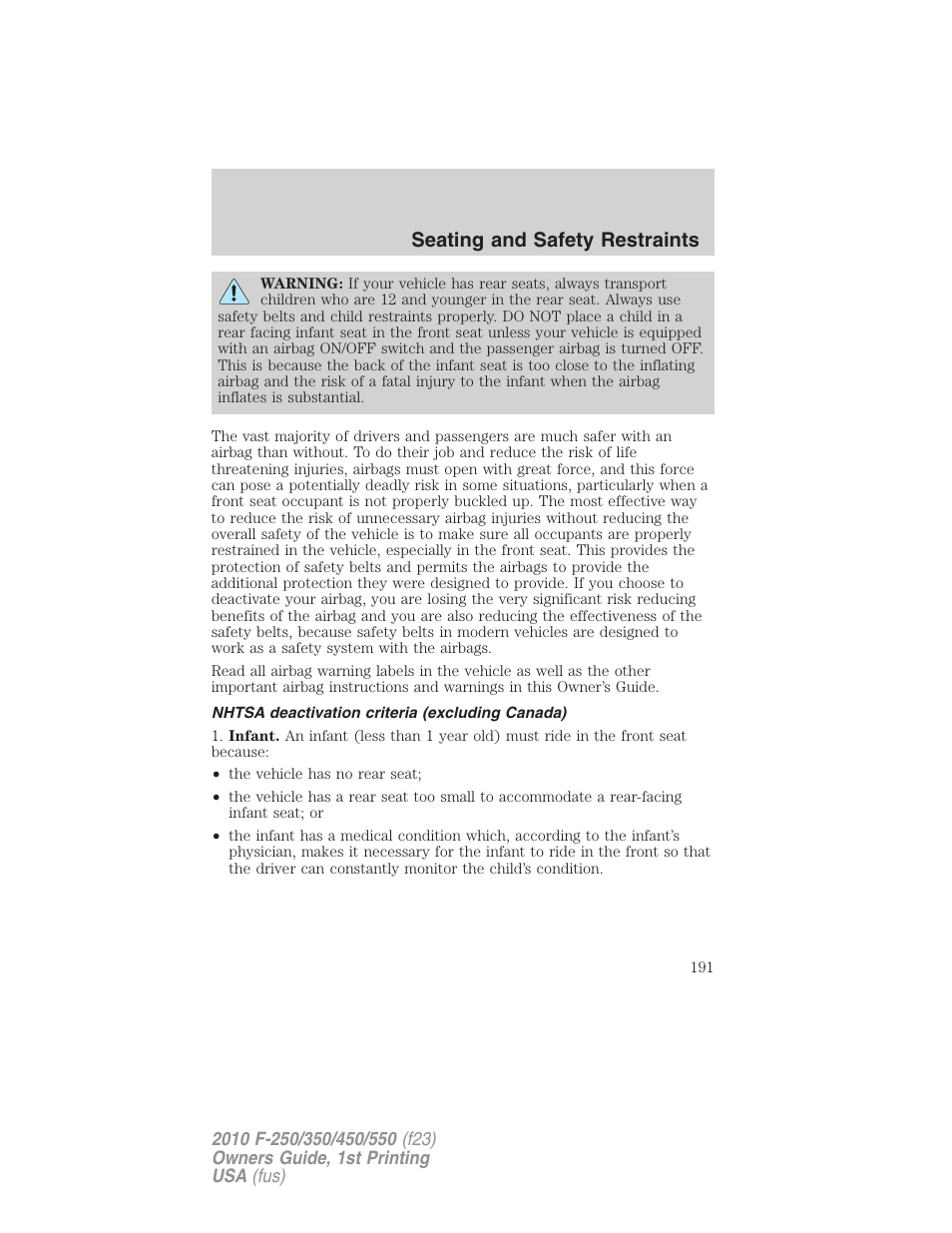 Nhtsa deactivation criteria (excluding canada), Seating and safety restraints | FORD 2010 F-550 v.1 User Manual | Page 191 / 407