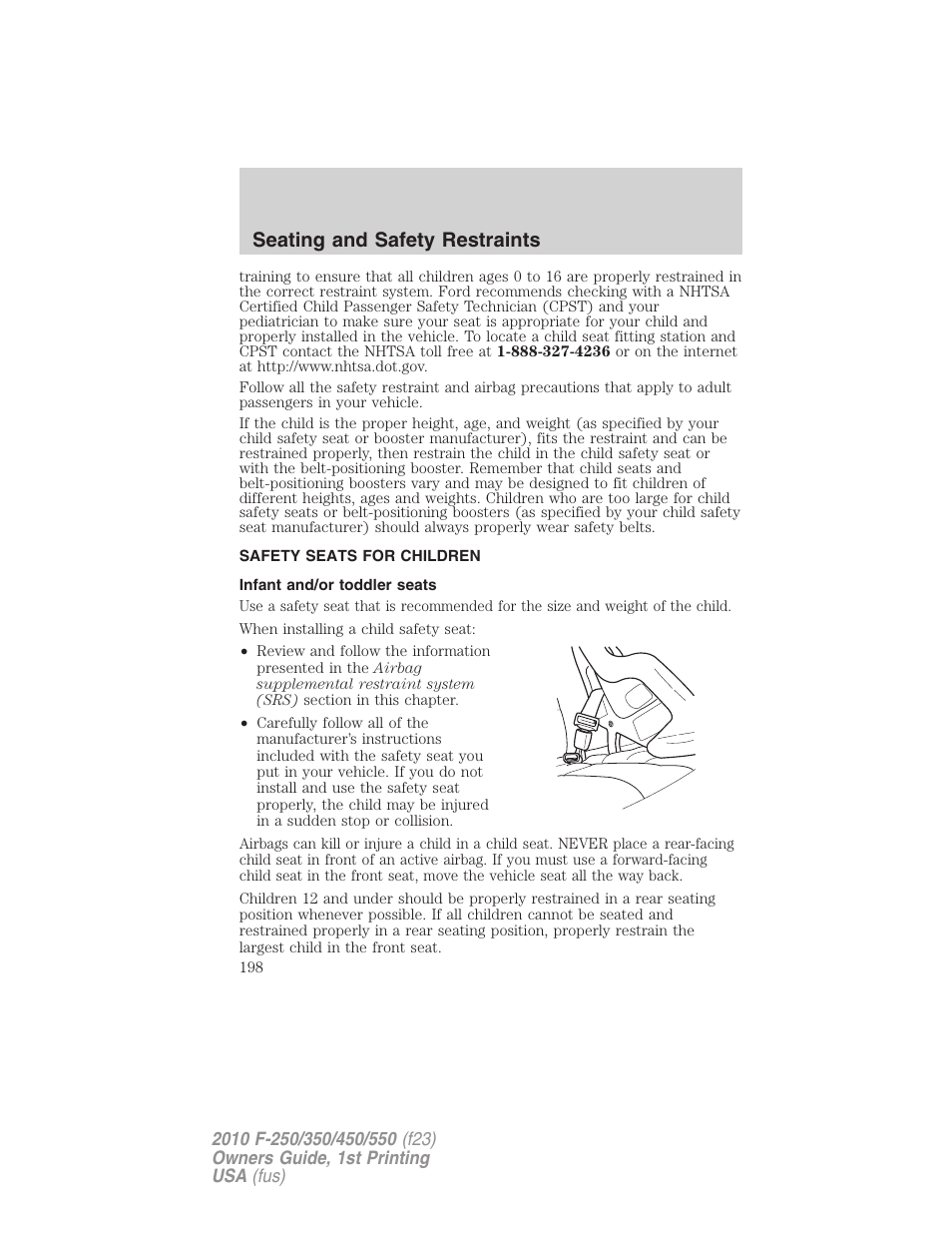 Safety seats for children, Infant and/or toddler seats, Seating and safety restraints | FORD 2010 F-550 v.1 User Manual | Page 198 / 407