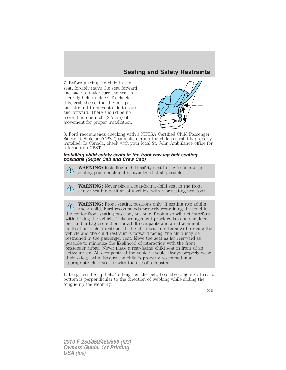 Seating and safety restraints | FORD 2010 F-550 v.1 User Manual | Page 205 / 407