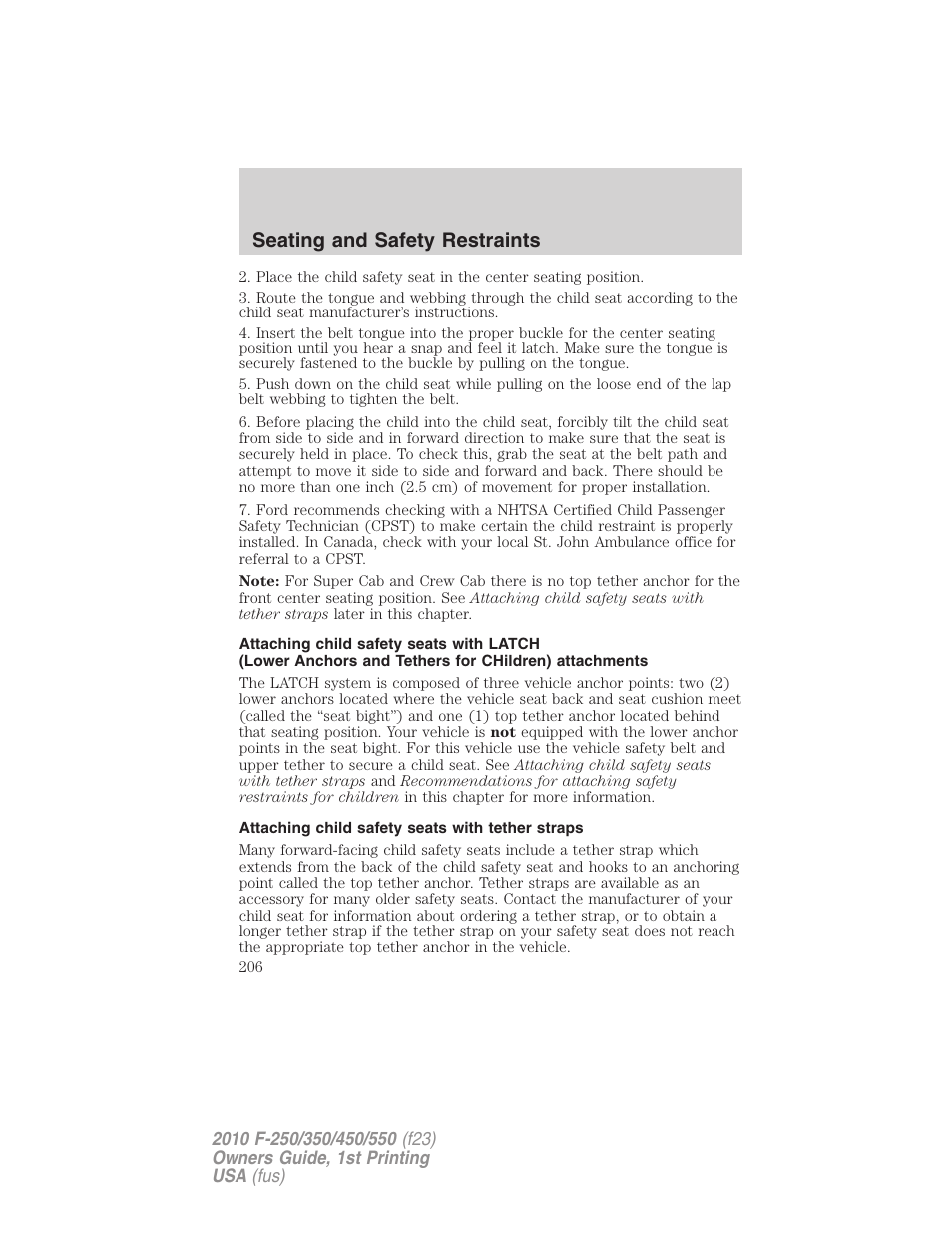 Attaching child safety seats with tether straps, Seating and safety restraints | FORD 2010 F-550 v.1 User Manual | Page 206 / 407