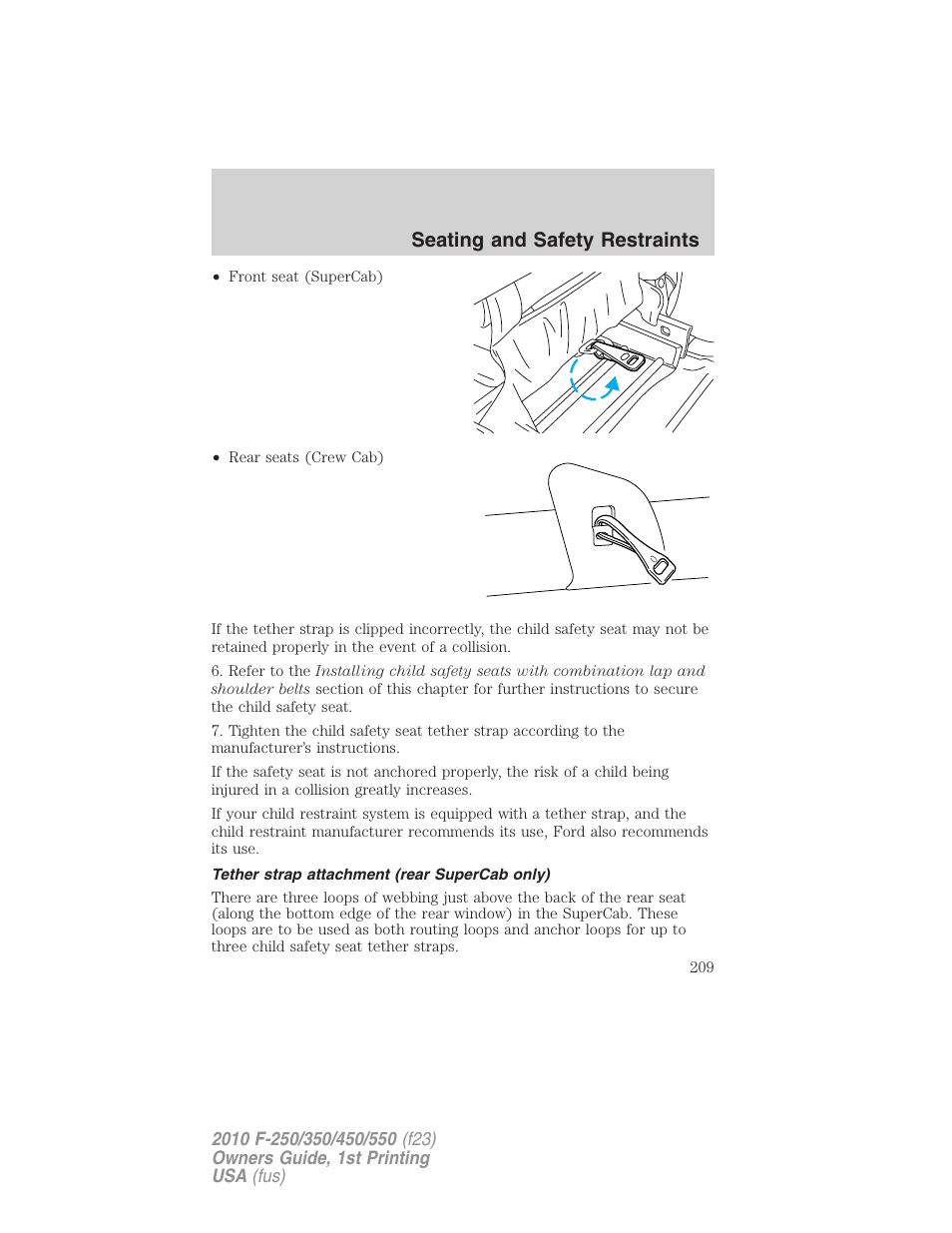 Tether strap attachment (rear supercab only), Seating and safety restraints | FORD 2010 F-550 v.1 User Manual | Page 209 / 407