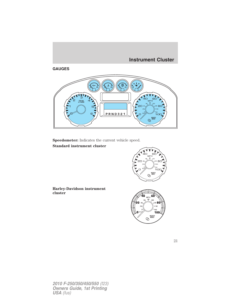 Gauges, Instrument cluster | FORD 2010 F-550 v.1 User Manual | Page 21 / 407