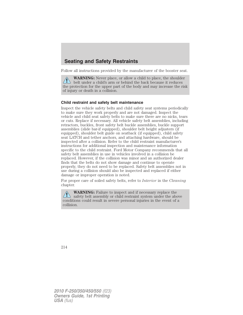 Child restraint and safety belt maintenance, Seating and safety restraints | FORD 2010 F-550 v.1 User Manual | Page 214 / 407