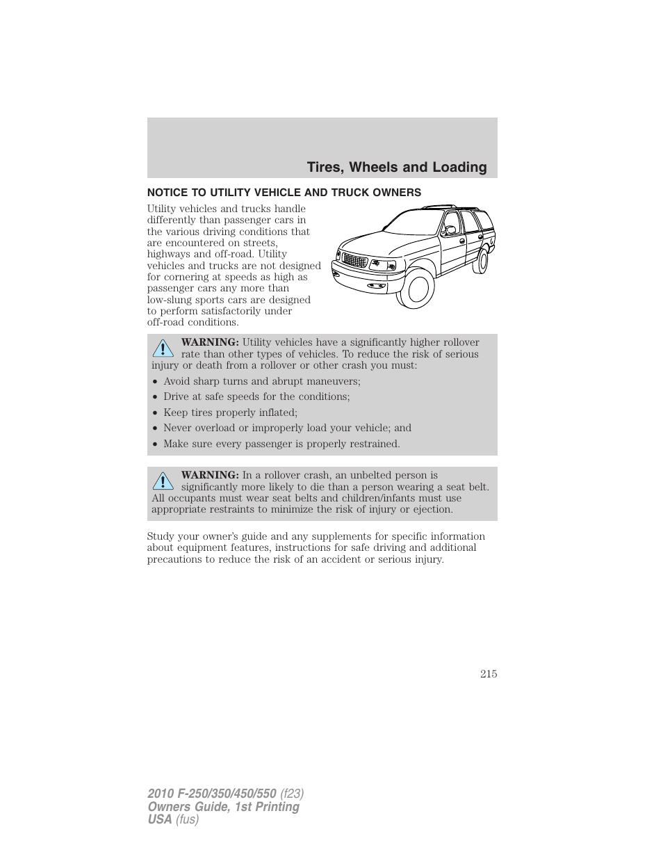 Tires, wheels and loading, Notice to utility vehicle and truck owners | FORD 2010 F-550 v.1 User Manual | Page 215 / 407