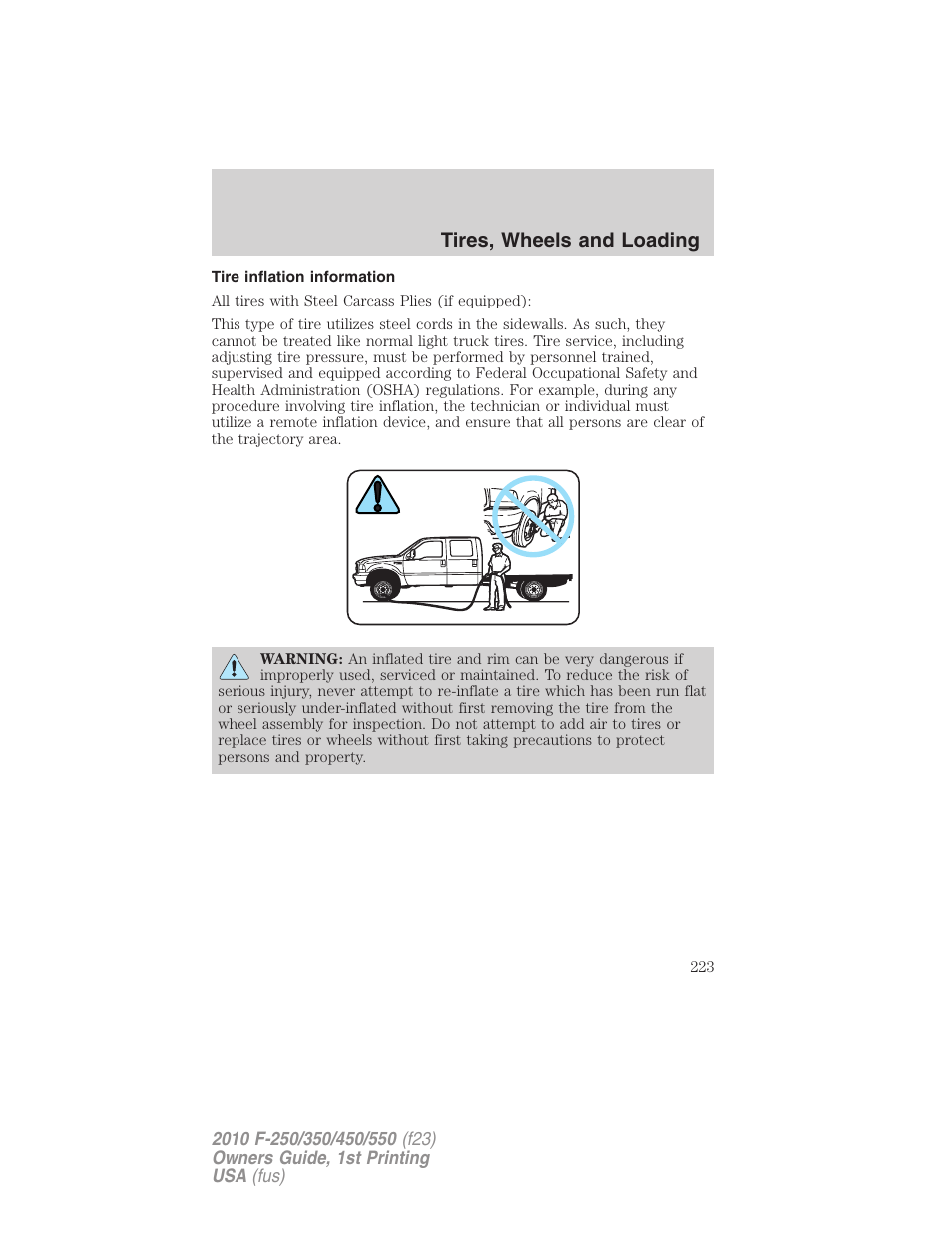 Tire inflation information, Tires, wheels and loading | FORD 2010 F-550 v.1 User Manual | Page 223 / 407
