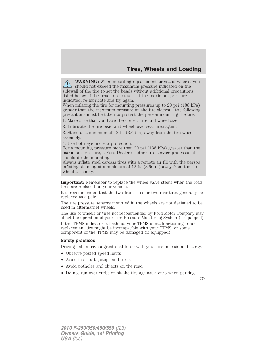 Safety practices, Tires, wheels and loading | FORD 2010 F-550 v.1 User Manual | Page 227 / 407