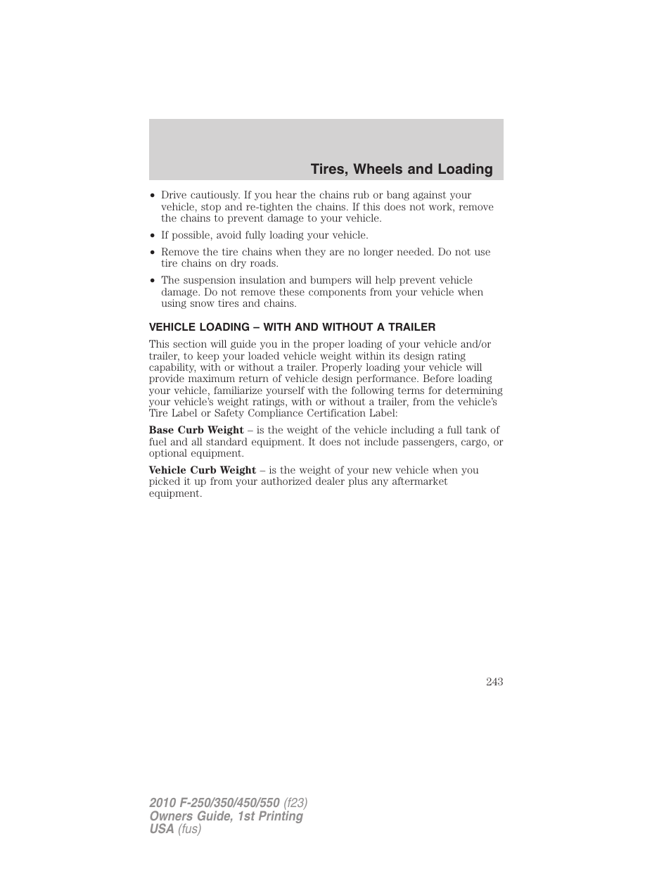 Vehicle loading – with and without a trailer, Vehicle loading, Tires, wheels and loading | FORD 2010 F-550 v.1 User Manual | Page 243 / 407