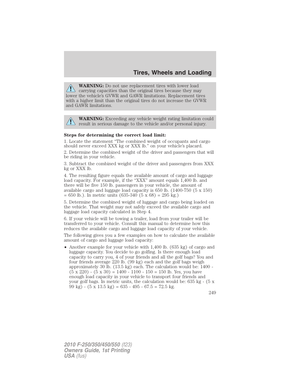 Tires, wheels and loading | FORD 2010 F-550 v.1 User Manual | Page 249 / 407