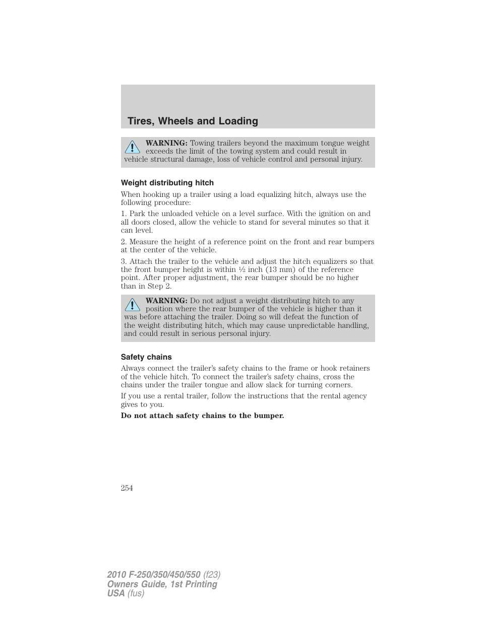 Weight distributing hitch, Safety chains, Tires, wheels and loading | FORD 2010 F-550 v.1 User Manual | Page 254 / 407