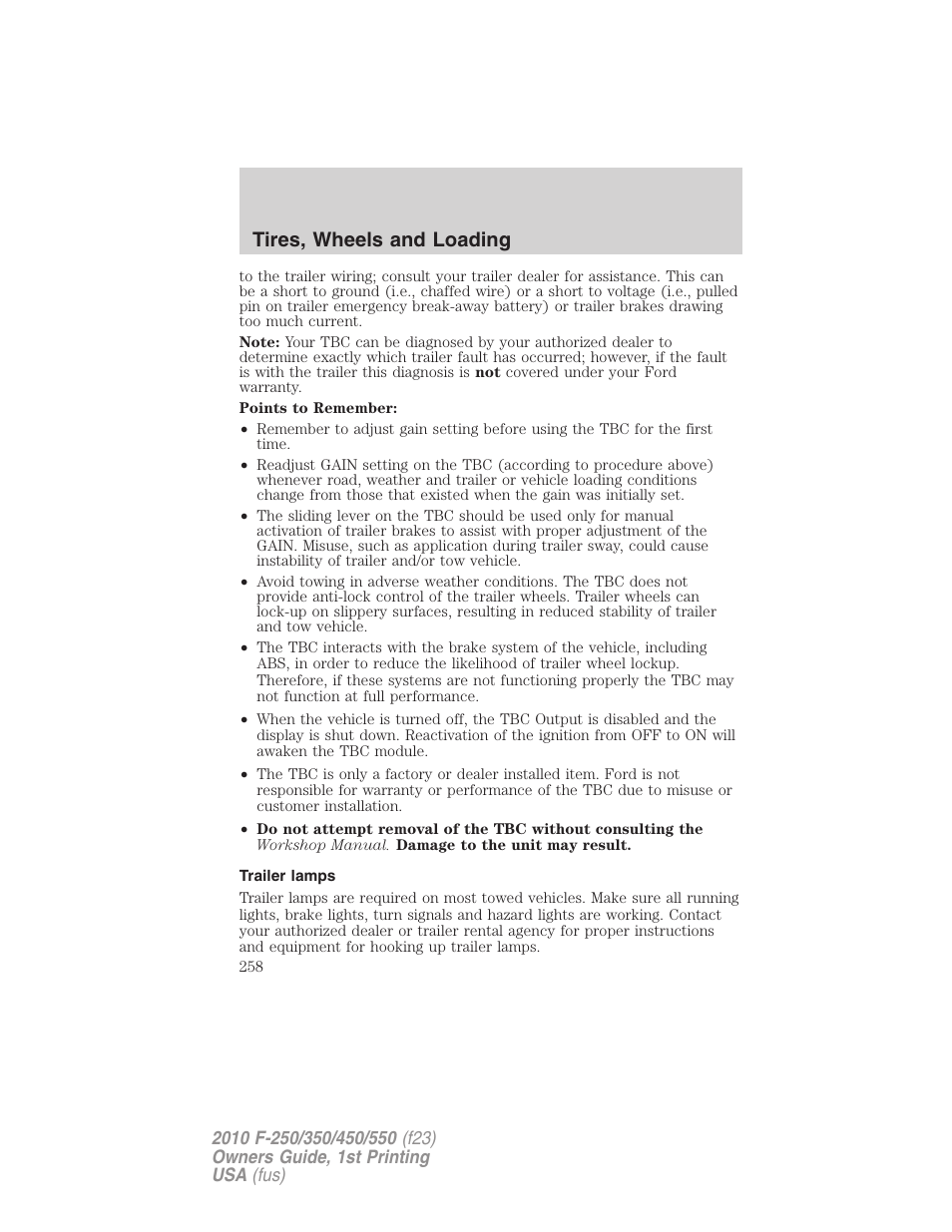Trailer lamps, Tires, wheels and loading | FORD 2010 F-550 v.1 User Manual | Page 258 / 407