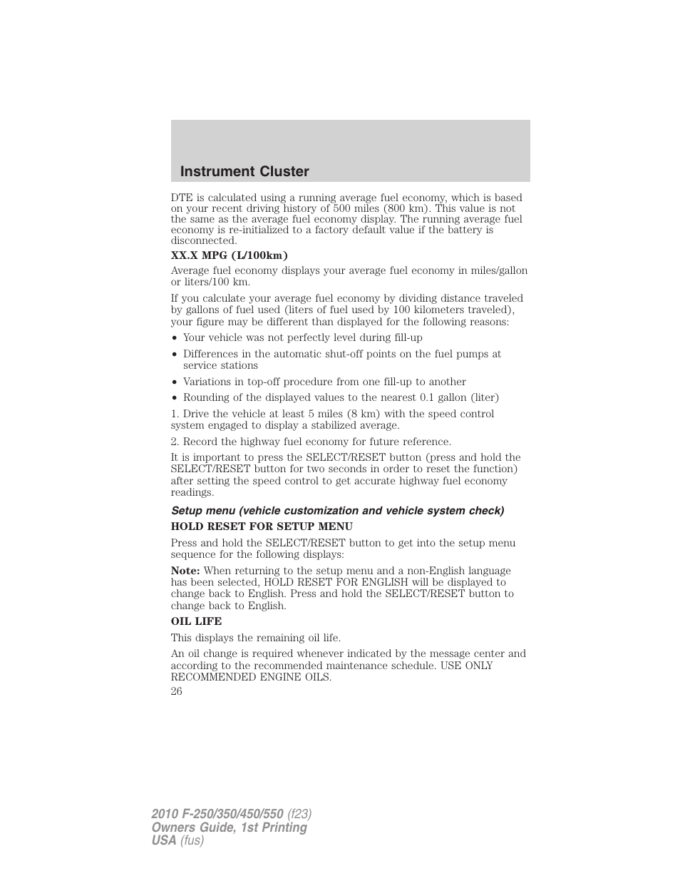 Instrument cluster | FORD 2010 F-550 v.1 User Manual | Page 26 / 407